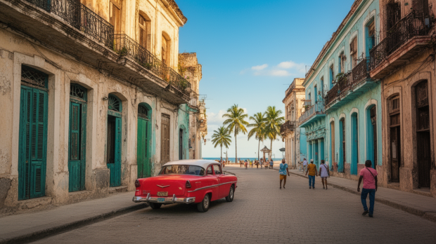Rue colorée de La Havane avec voiture ancienne, façades pastel et ambiance authentique pour préparer un voyage à Cuba