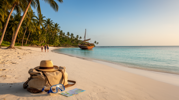 Plage de Zanzibar avec lagon turquoise, dhow traditionnel et accessoires de voyage sur le sable