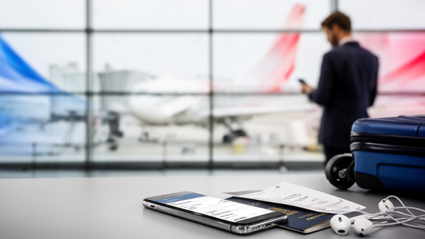 Voyageur consultant son téléphone dans un aéroport pour préparer une demande au service client Air France