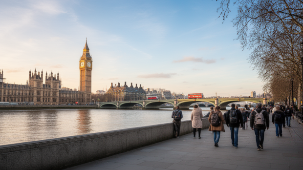 Vue réaliste de Londres depuis la Tamise avec Big Ben, Westminster Bridge et des voyageurs en week-end.