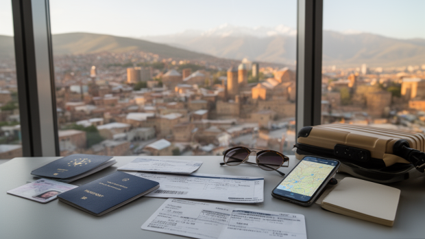 Documents de voyage et valise devant un paysage de Tbilissi pour préparer un séjour en Géorgie sans visa