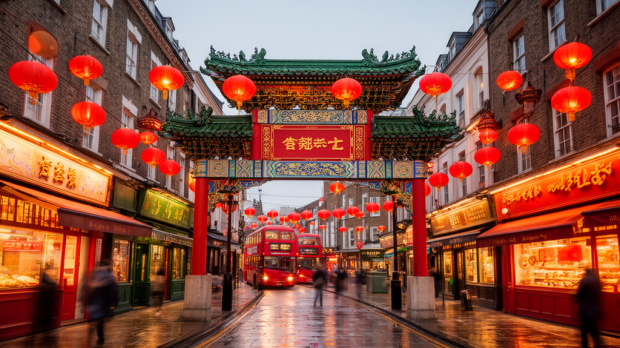 Rue animée de Chinatown à Londres avec arche chinoise, lanternes rouges et bus londonien en arrière-plan