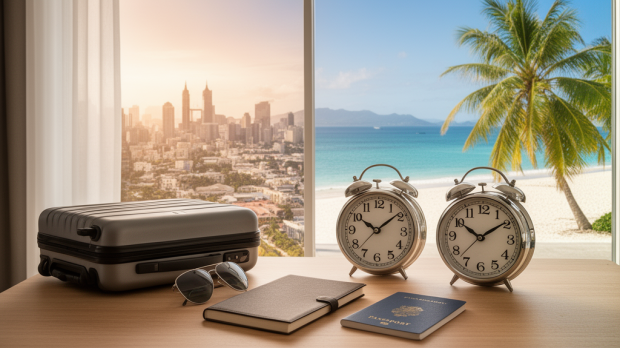 Décalage horaire entre la France et la Guadeloupe illustré par des horloges de voyage devant une plage tropicale.