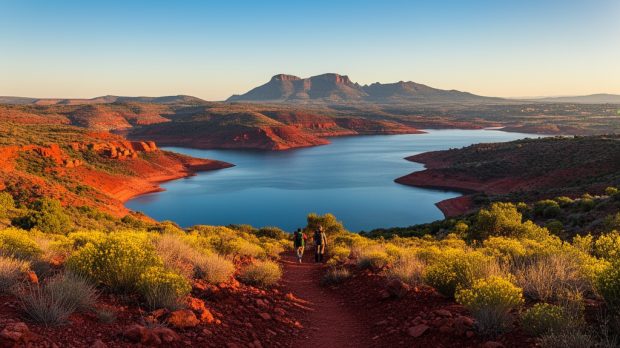 Vue panoramique ultra réaliste sur le lac du Salagou depuis les hauteurs, avec les ruffes rouges, l’eau bleue et les reliefs au coucher du soleil