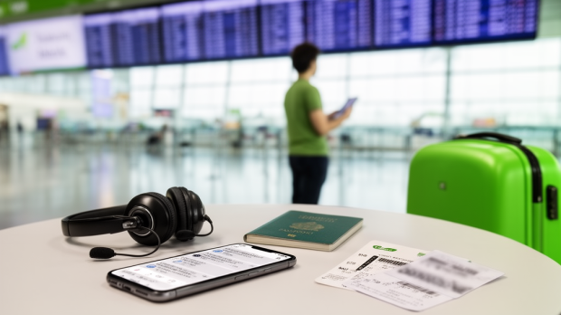 Voyageur dans un aéroport préparant son contact avec le service client Transavia par téléphone ou messagerie