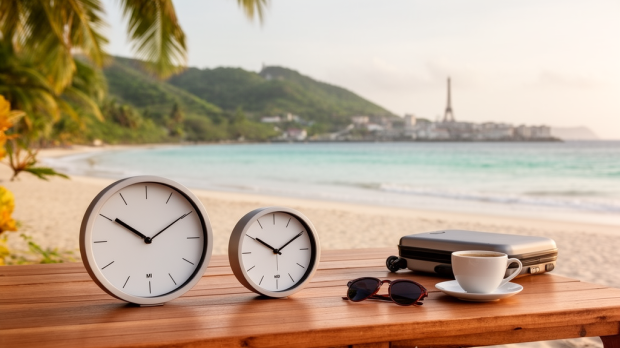 Deux horloges analogiques sur une terrasse tropicale en Martinique illustrant le décalage horaire avec la France.