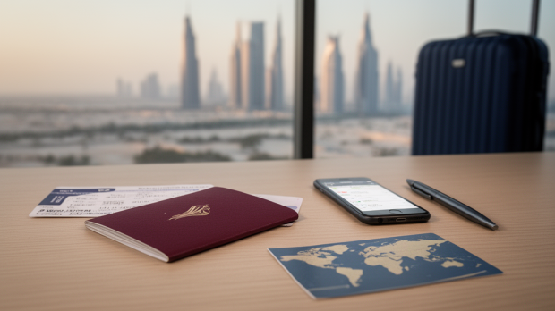 Passeport qatari générique posé avec des documents de voyage devant une skyline moderne évoquant Doha