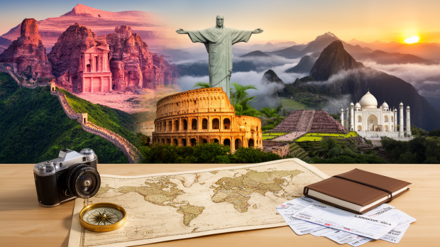 Les 7 merveilles du monde actuelles réunies dans une composition de voyage réaliste avec la Grande Muraille, Pétra, le Colisée, Chichén Itzá, le Taj Mahal, le Machu Picchu et le Christ Rédempteur.