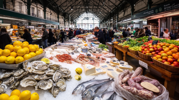Étals de produits frais et dégustation dans l’ambiance animée du marché des Capucins à Bordeaux