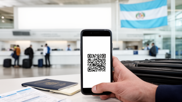 Voyageur présentant un QR code de déclaration douanière pour le Guatemala dans un aéroport avec passeport et bagages.