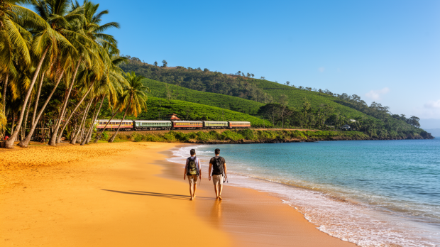 Plage ensoleillée du sud du Sri Lanka en février avec palmiers, mer calme et collines verdoyantes en arrière-plan.