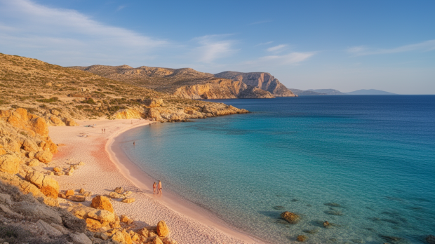 Lagon turquoise et plage de sable clair en Crète sous une lumière dorée