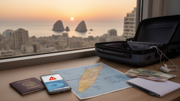 Préparation prudente d’un voyage au Liban avec passeport, valise, smartphone d’alerte et vue sur Beyrouth