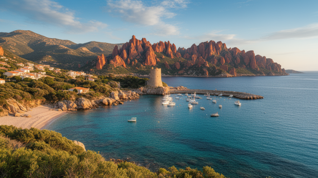 Vue panoramique de Porto en Corse avec la tour génoise, le golfe, les bateaux et les falaises rouges des Calanche de Piana