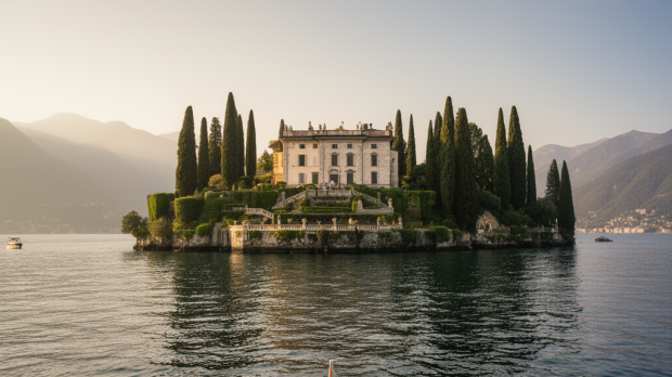 Vue ultra réaliste de la Villa del Balbianello au bord du lac de Côme, célèbre décor de Naboo dans Star Wars épisode II.