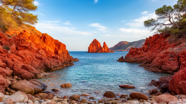 Crique sauvage des roches de l’île des Vieilles avec roches rouges de l’Estérel et mer turquoise près de Saint-Raphaël