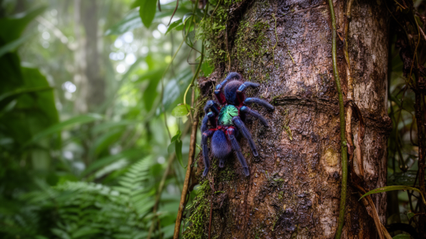 Matoutou falaise sur un tronc humide dans une forêt tropicale de Martinique