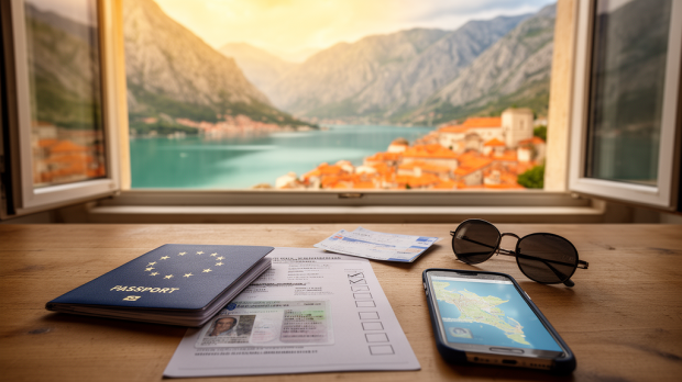Passeport, carte d’identité et documents de voyage posés devant le paysage des bouches de Kotor au Monténégro