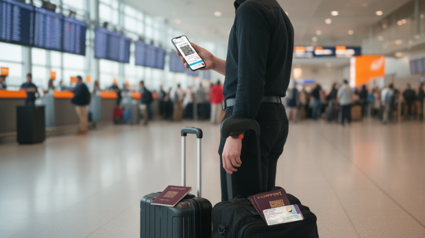 Voyageur préparant son enregistrement en ligne à l’aéroport avec smartphone, passeport et valise cabine.