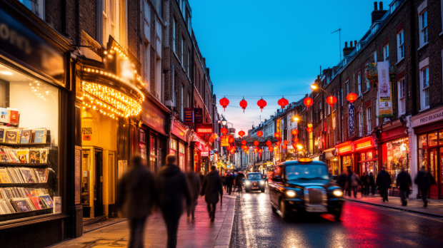 Rue animée de Soho Londres au début de soirée avec vitrines, lanternes, théâtre et ambiance du West End.