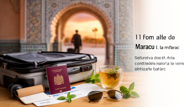 Passeport générique et valise prêts pour un voyage au Maroc avec décor marocain en arrière-plan