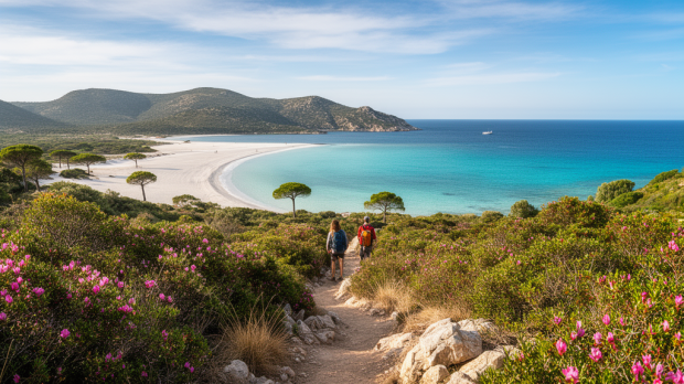 Vue panoramique du désert des Agriates en Corse avec maquis sauvage, plage de sable blanc et eau turquoise.
