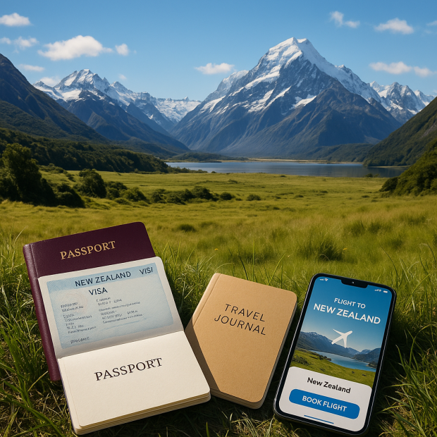 Paysage naturel de la Nouvelle-Zélande avec un passeport et des éléments de voyage