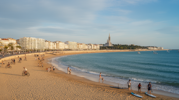 Vue ultra réaliste de la Grande Conche à Royan avec plage, front de mer, activités nautiques et architecture balnéaire.