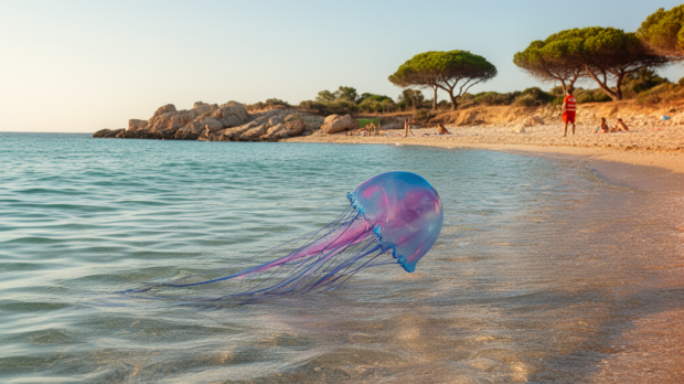Physalie bleu-violet flottant près d’une plage méditerranéenne, avec des baigneurs à distance en arrière-plan.
