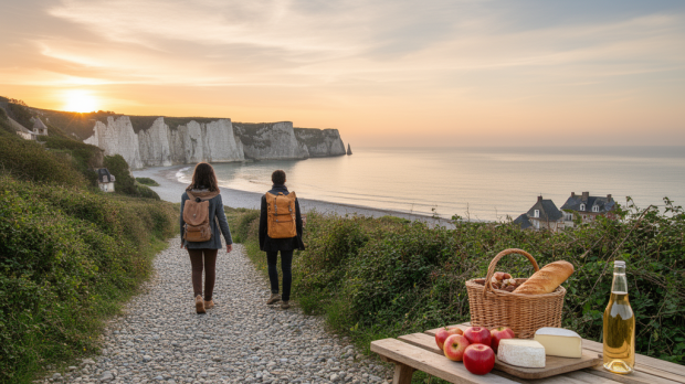 Week end Normandie avec falaises, mer et voyageurs sur un sentier côtier au coucher du soleil