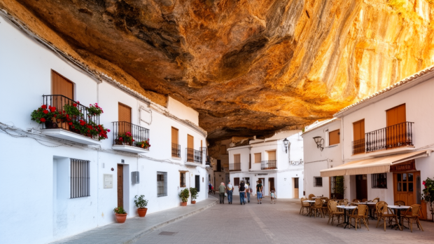 Ruelle troglodytique de Setenil de las Bodegas avec maisons blanches encastrées sous une falaise ocre en Andalousie