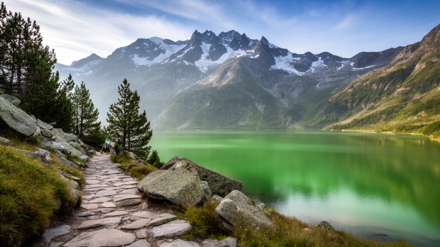 Vue ultra réaliste du lac de Gaube aux eaux vert émeraude avec le Vignemale en arrière-plan dans les Pyrénées