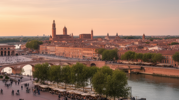 Vue réaliste des quartiers de Toulouse autour de la Garonne, du Pont-Neuf et des façades en brique rose.