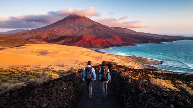 Paysage des Canaries avec volcan, dunes, océan et voyageurs en randonnée au lever du soleil