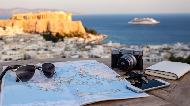 Carte de voyage en Grèce sur une terrasse avec l’Acropole, la mer Égée et un ferry en arrière-plan