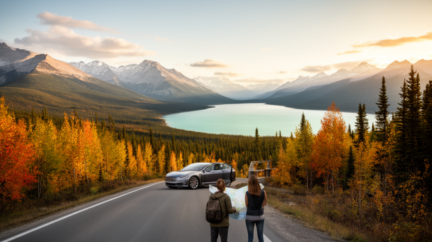 Road trip au Canada sur une route panoramique entre forêt, lac et montagnes