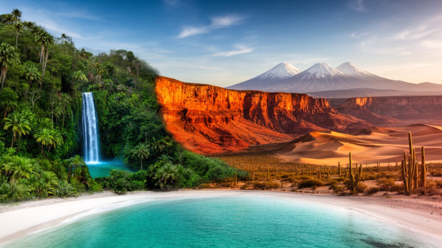 Panorama ultra réaliste des paysages du Mexique avec plage turquoise, jungle, canyon, désert de cactus et volcans enneigés.