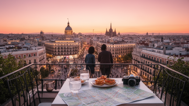 Vue ultra réaliste de Madrid au coucher du soleil avec voyageurs, tapas et monuments du centre historique en arrière-plan.