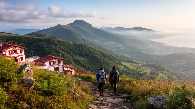 Vue panoramique du col d’Ibardin avec sentier de randonnée, ventas basques et côte basque en arrière-plan